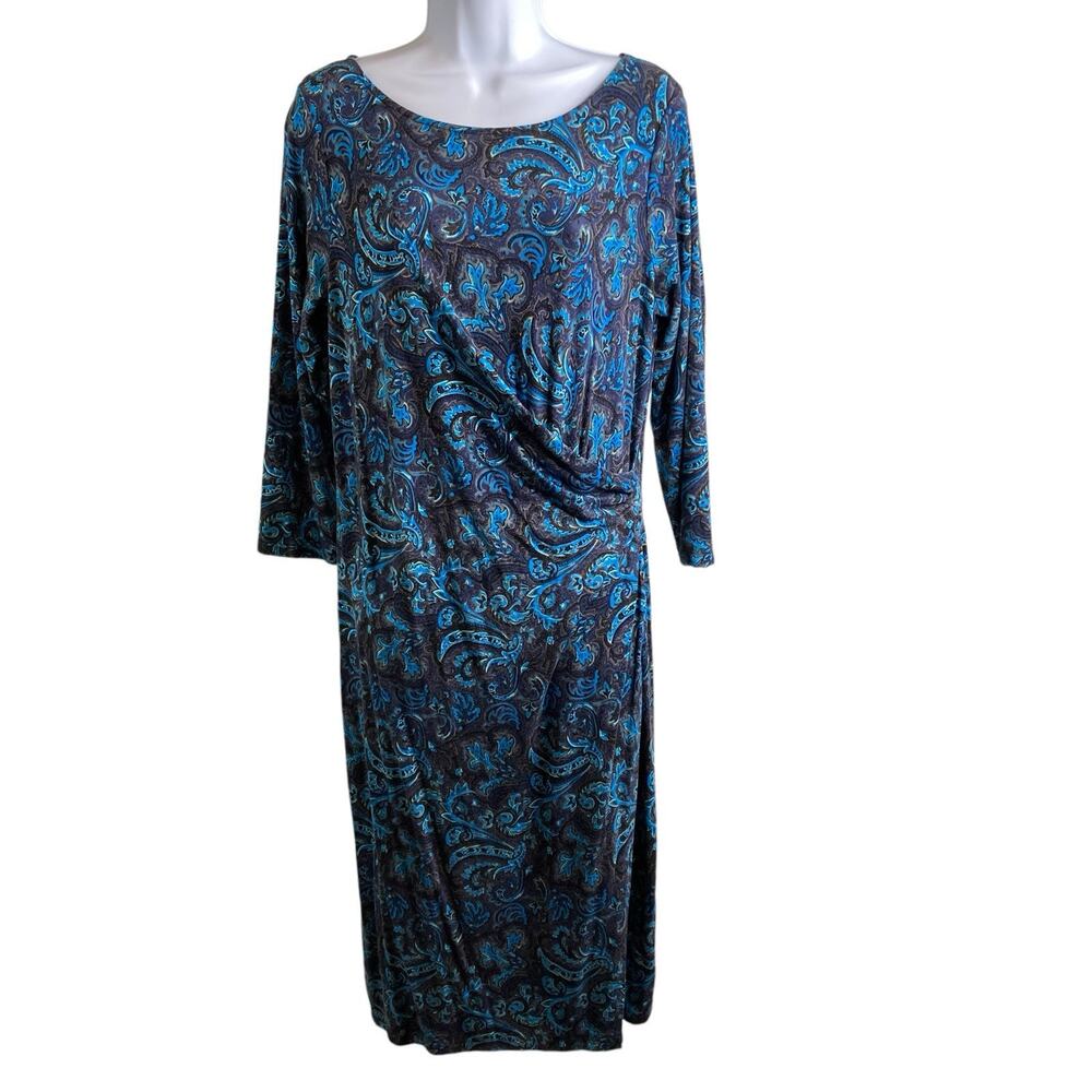Talbots Women's Blue Paisley Sheath Midi Dress Size M Ruched Old Money Career